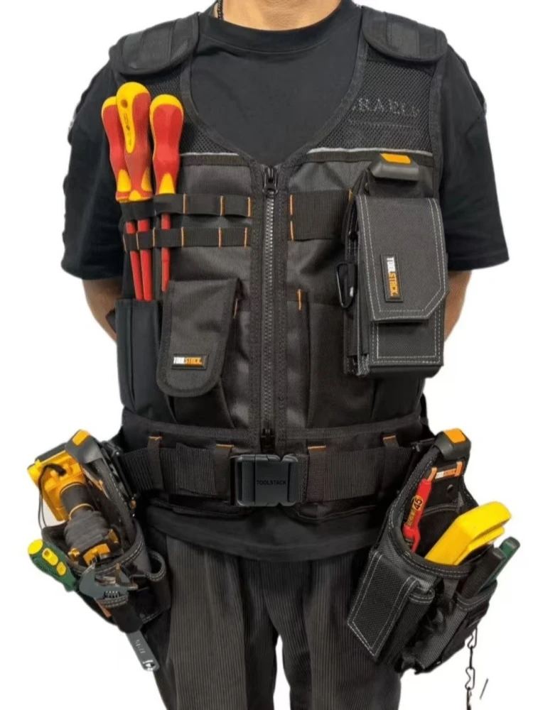 TOOLSTACK Heavy-Duty Work Vest Multi-Pocket Durable Breathable Construction Waistcoat Adjustable Multipurpose Electrician's Vest