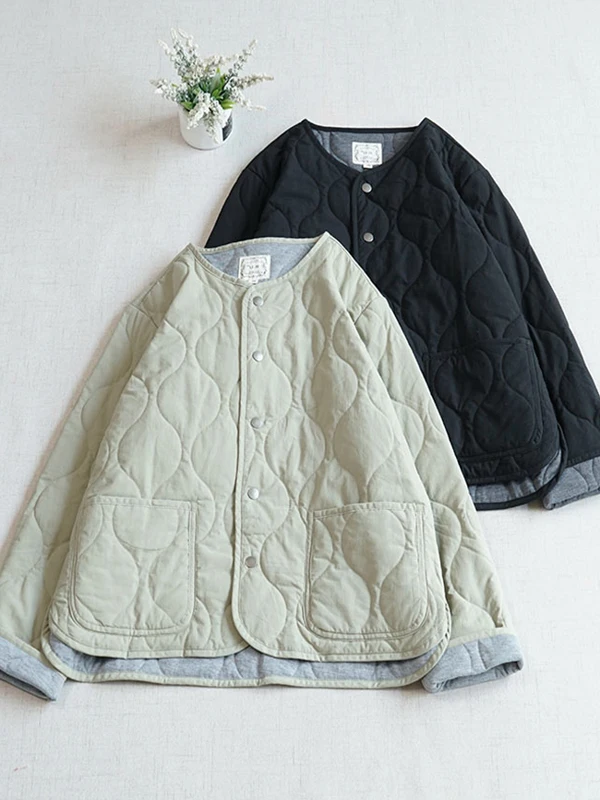 

Loose Thin Long Sve Cotton Jaet Autumn Winter New Sle Commute Artistic Sle Single Button Quilted Cotton Outerwear