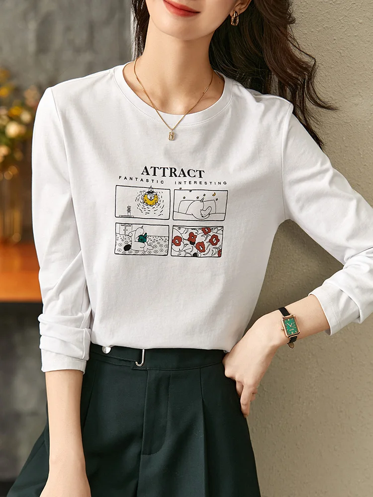 SENTUBILA 100% Cotton T-Shirts Women 2024 Spring Autumn O-Neck Bottoming Tops Cartoon Printed Shirts Casual Pullovers 113T37516