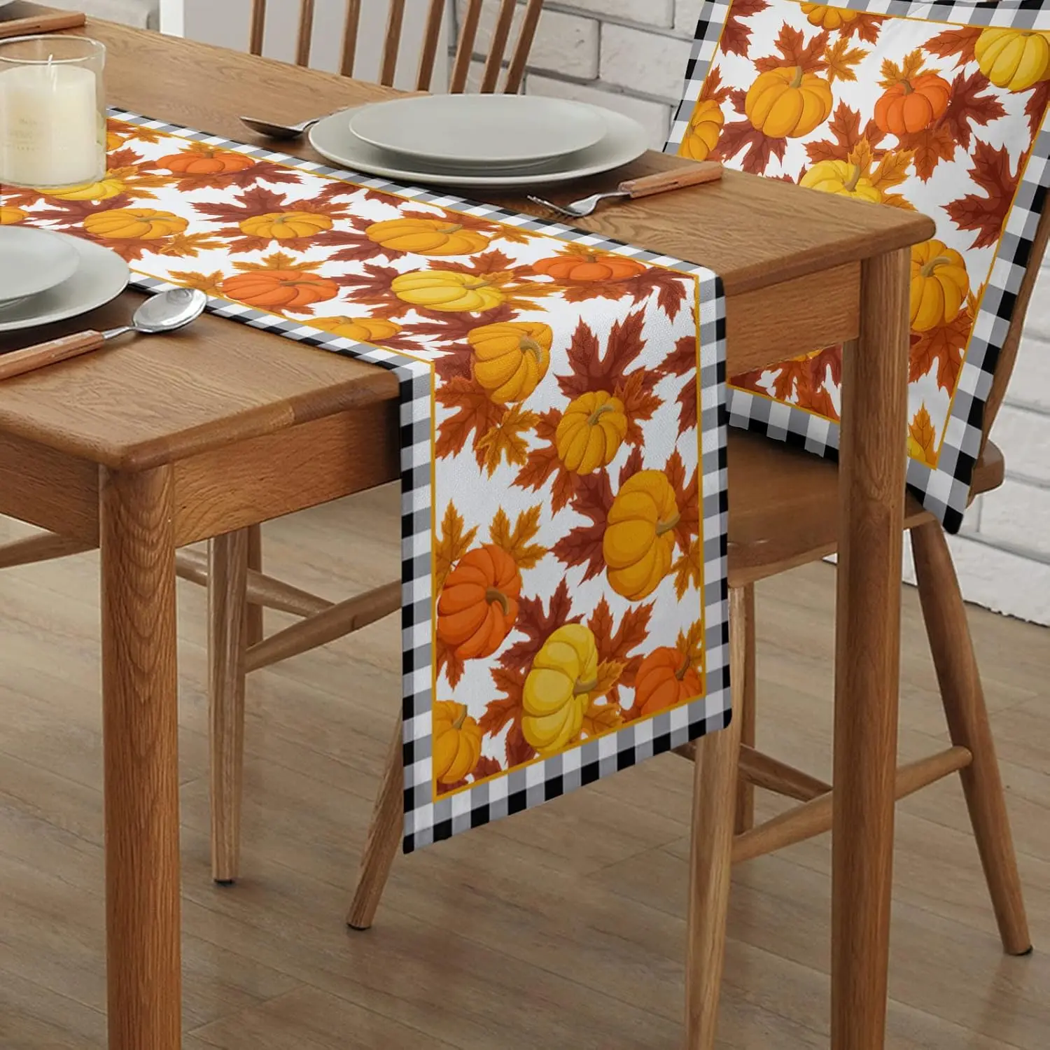 Fall Pumpkin Maple Leaves Buffalo Plaid Linen Table Runner Party Decor Autumn Thanksgiving Table Runners for Kitchen Table Decor