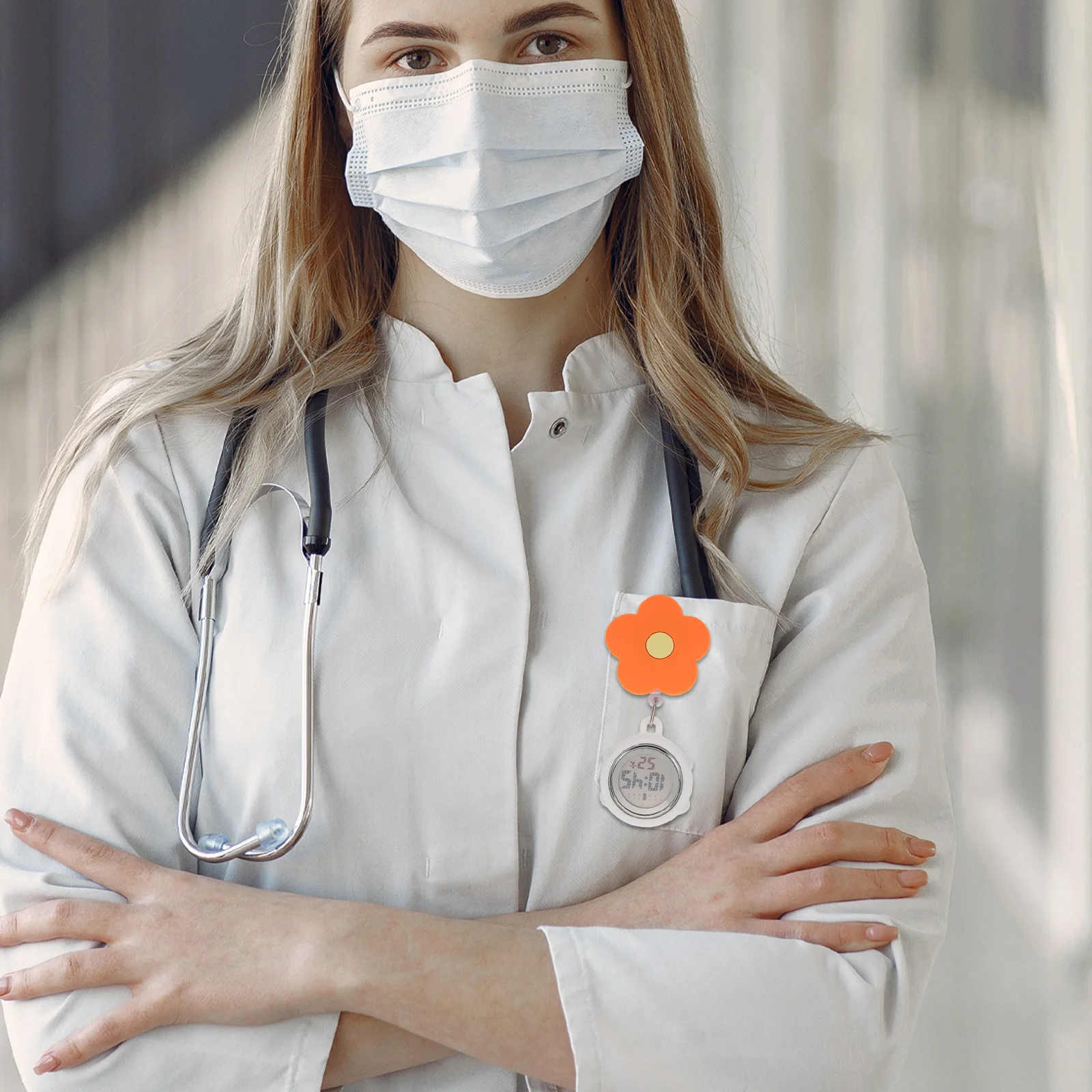 

Luminous Orange Flower Digital Clip-On Retractable Pocket Watch For Women Medical Staff Nursing Student Waterproof