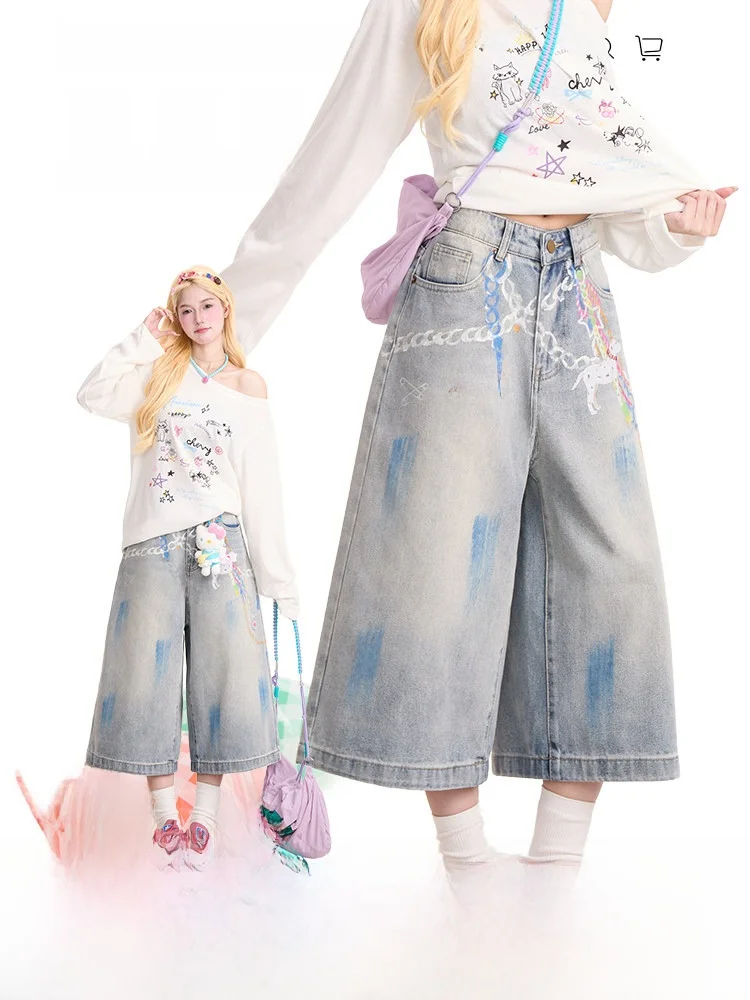

Hand-Drawn Chain Print Seven-Foot Women's Jeans Casual High Waist Wide Leg Short Pants Summer Blue Color Neresum Brand