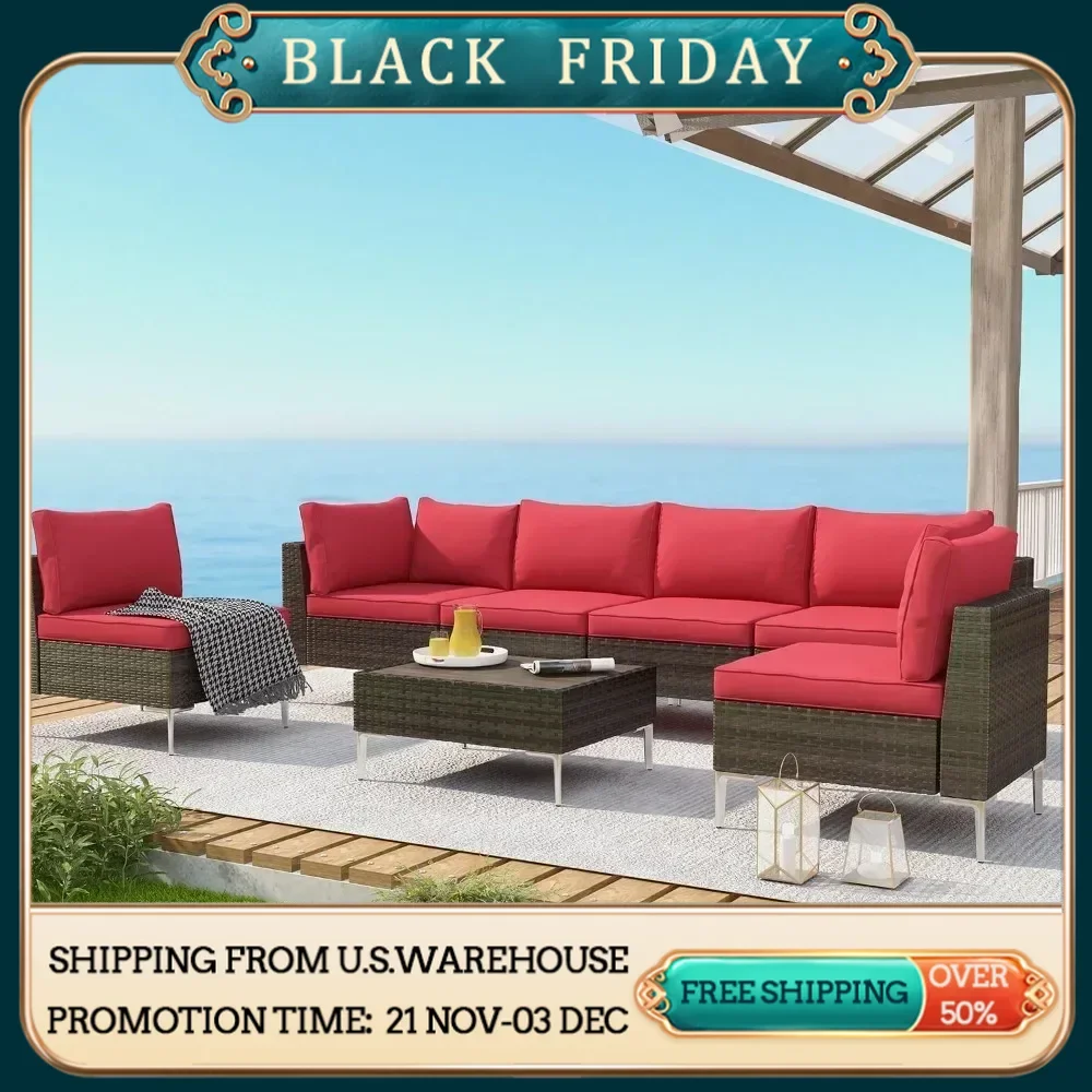 Outdoor Patio Furniture Set,Wood Plastic Composites Table,7Pieces Outdoor Sectional Sofa PE Rattan Wicker Patio Conversation Set