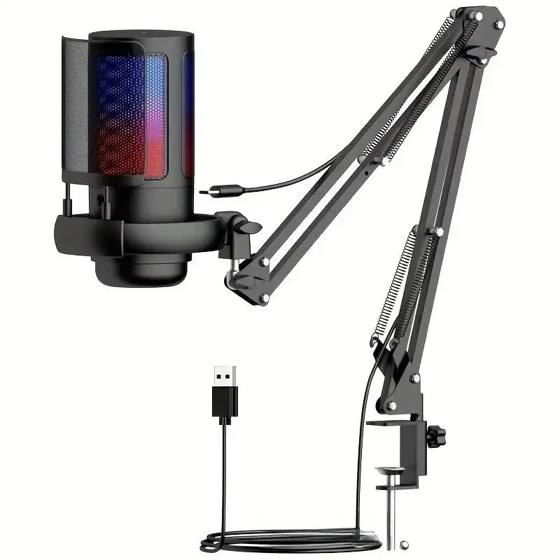 Hot Sale Brand New RGB USB Type-C Noise Cancelling Gaming Microphone Kit Cardioid Polar Pattern Desktop Arm Stand for PC