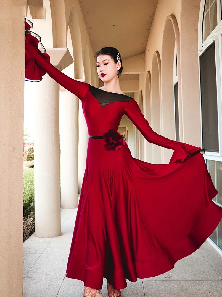 Trumpet Sleeved Big Swing Fishbone Skirt Ballroom Dance Competition Dress For Women Adult Waltz Modern Dance Dress