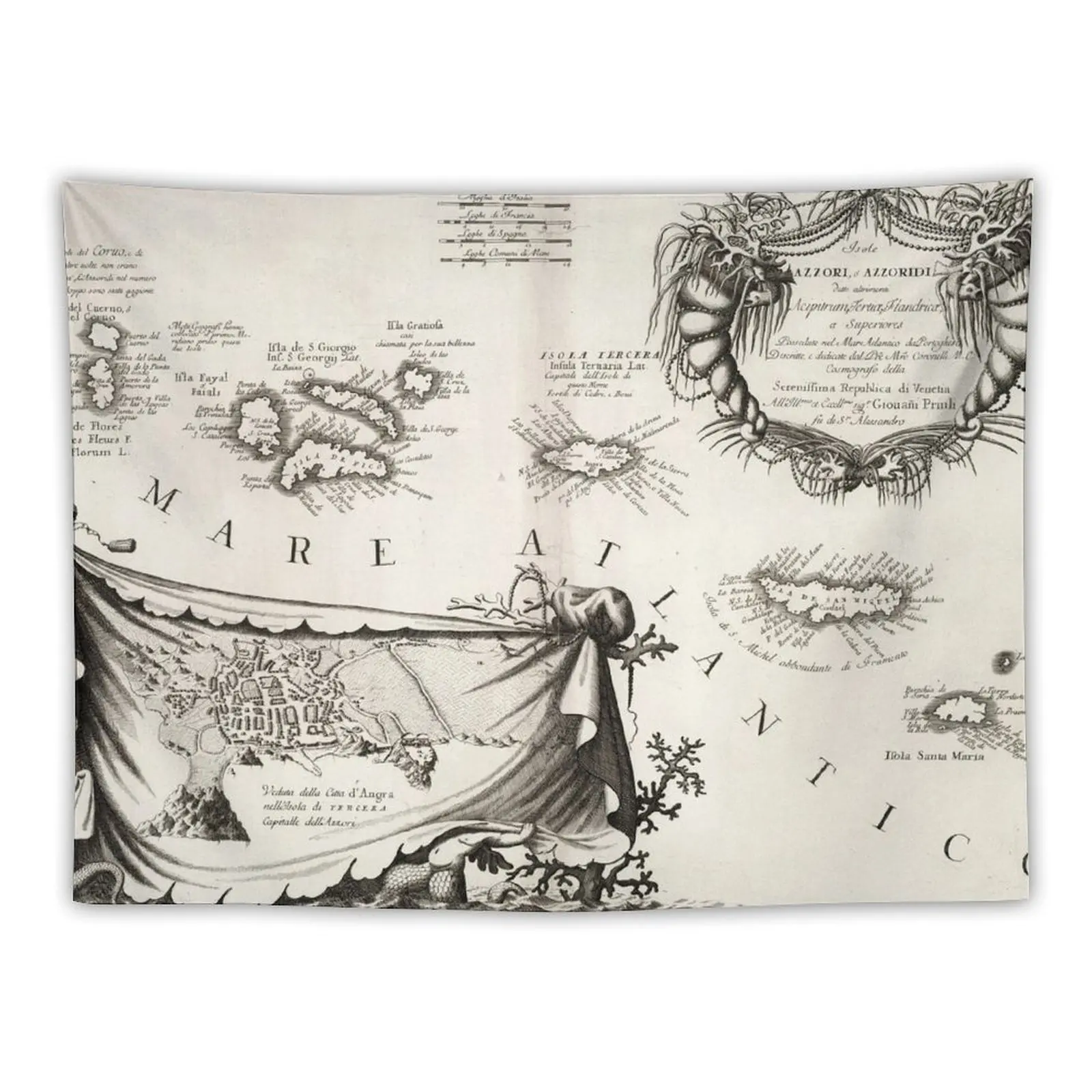 Old Azores Islands Map (1690) Vintage Portuguese Isles Atlas Tapestry Wallpaper Decoration For Rooms Tapestry