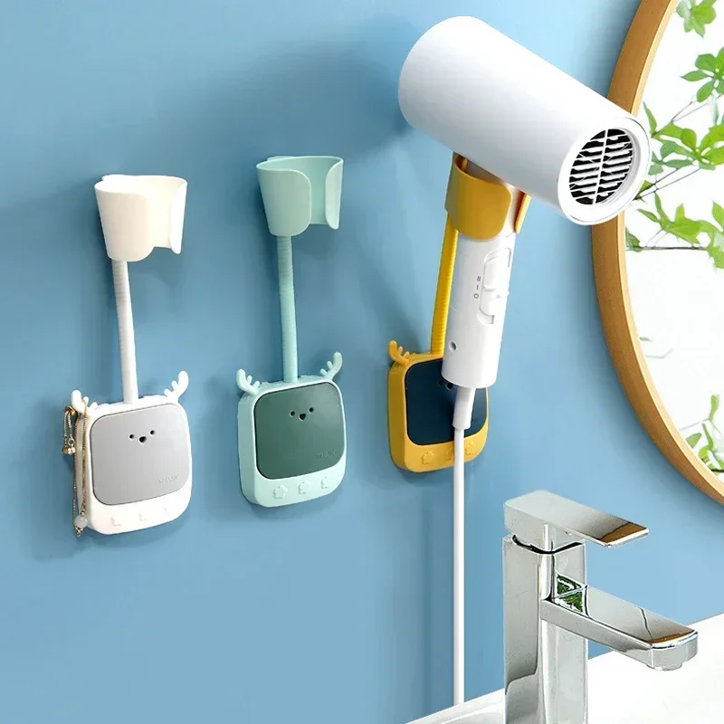 

180° Hair Dryer Holder Adjustable Self-Adhesive Hair Dryer shelf Wall Mount Bathroom Universal Stand Cute Cartoon Storage Rack