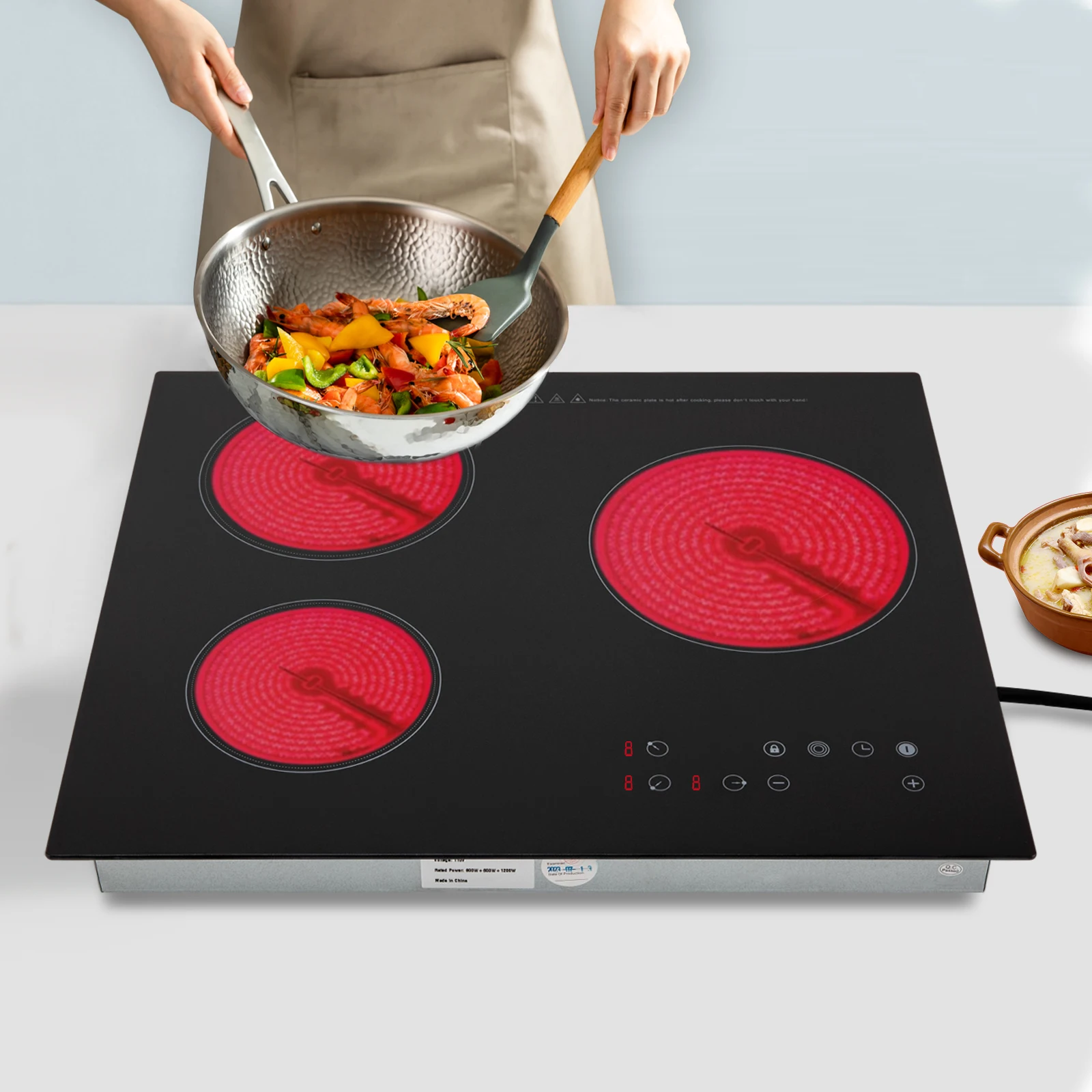 2600W Electric Ceramic Cooktop, Portable 3 Burners Built-in Cooktop, Sensor Touch Control Countertop, Electric Hot Plate with Kid Safety Lock and Timer (no plug)