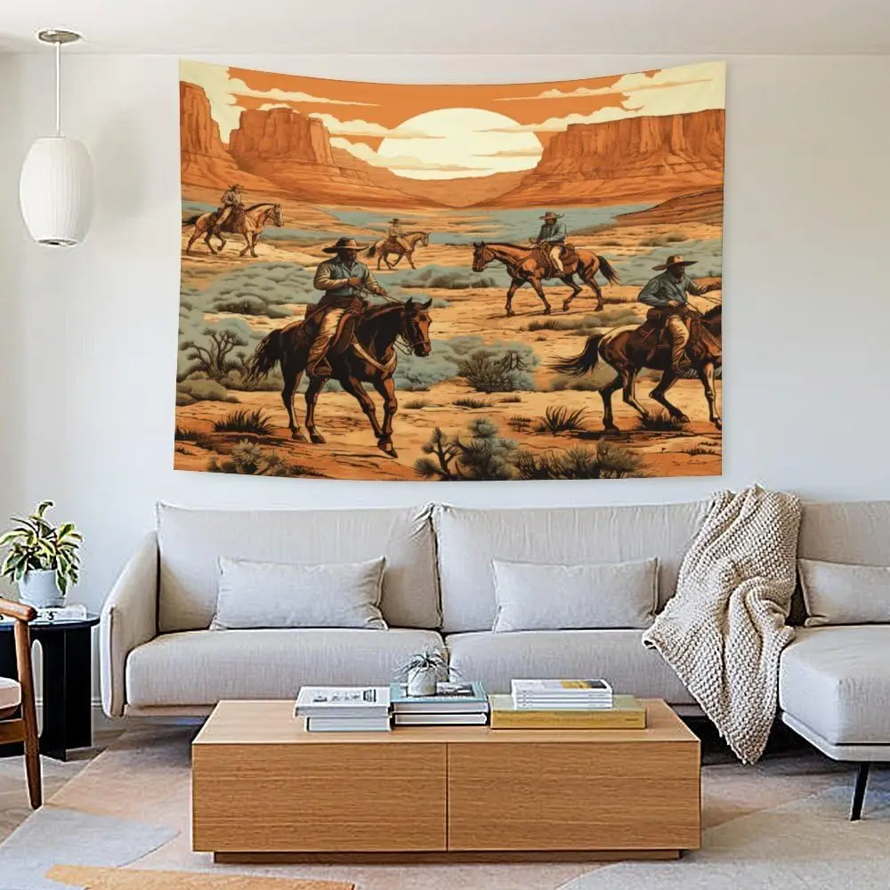 Western Sunset Cowboy Horse Mural Wall Tapestry Print Boho Bohemian Southwestern Decoration Room Decor