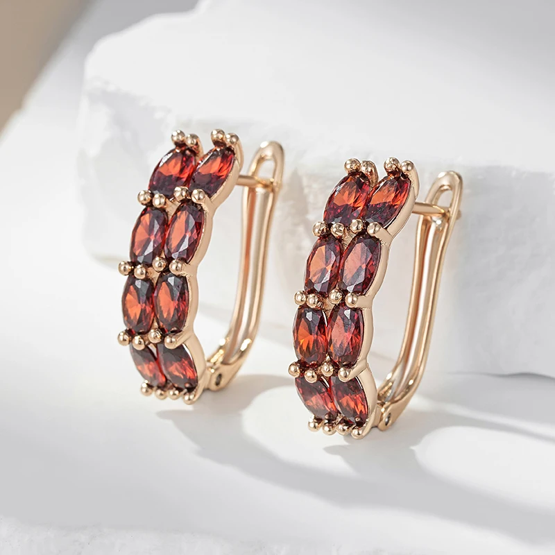 Wbmqda Double Layer Oval Red Zircon Drop Earrings For Women 585 Rose Gold Color Luxury Fashion Wedding Party Jewelry Gifts