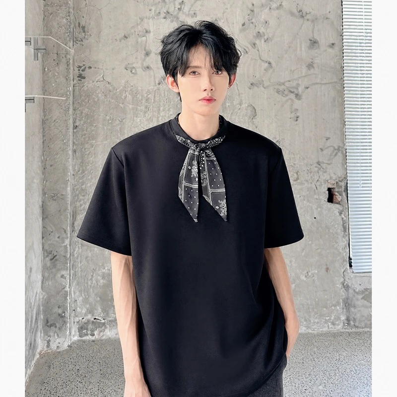 T shirt men Trendy Mens Street Fashion Short Sleeve T Shirt New Design With Detachable Scarf Versatile Summer