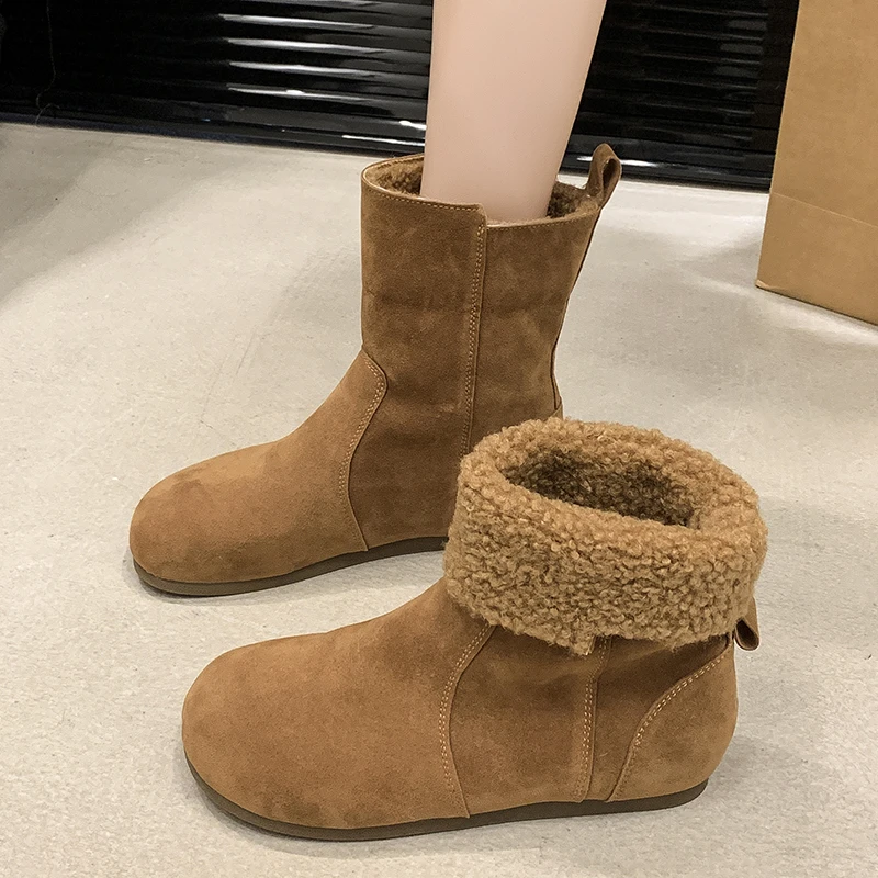 

Women Fur Ankle Boots Suede Flats Short Plush Shoes 2025 Casual New Sport Shoes Winter Woman Sneaker Warm Snow Boots Mujer Botas