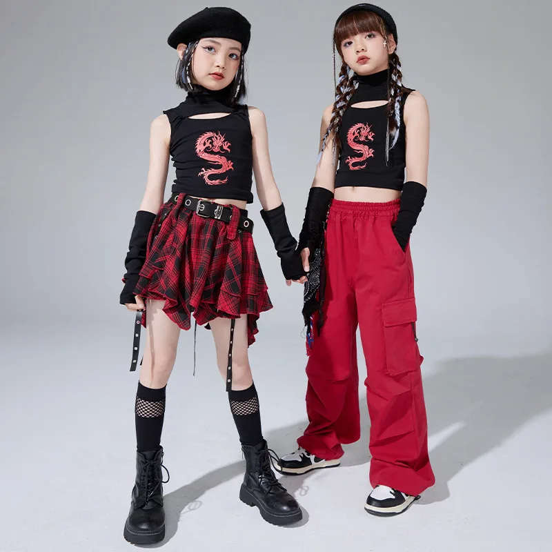 Hip Hop Girls Dragon Crop Top Street Dance Plaid Skirts Children Jazz Cargo Pants Fashion Costumes Kids Streetwear Clothes Sets