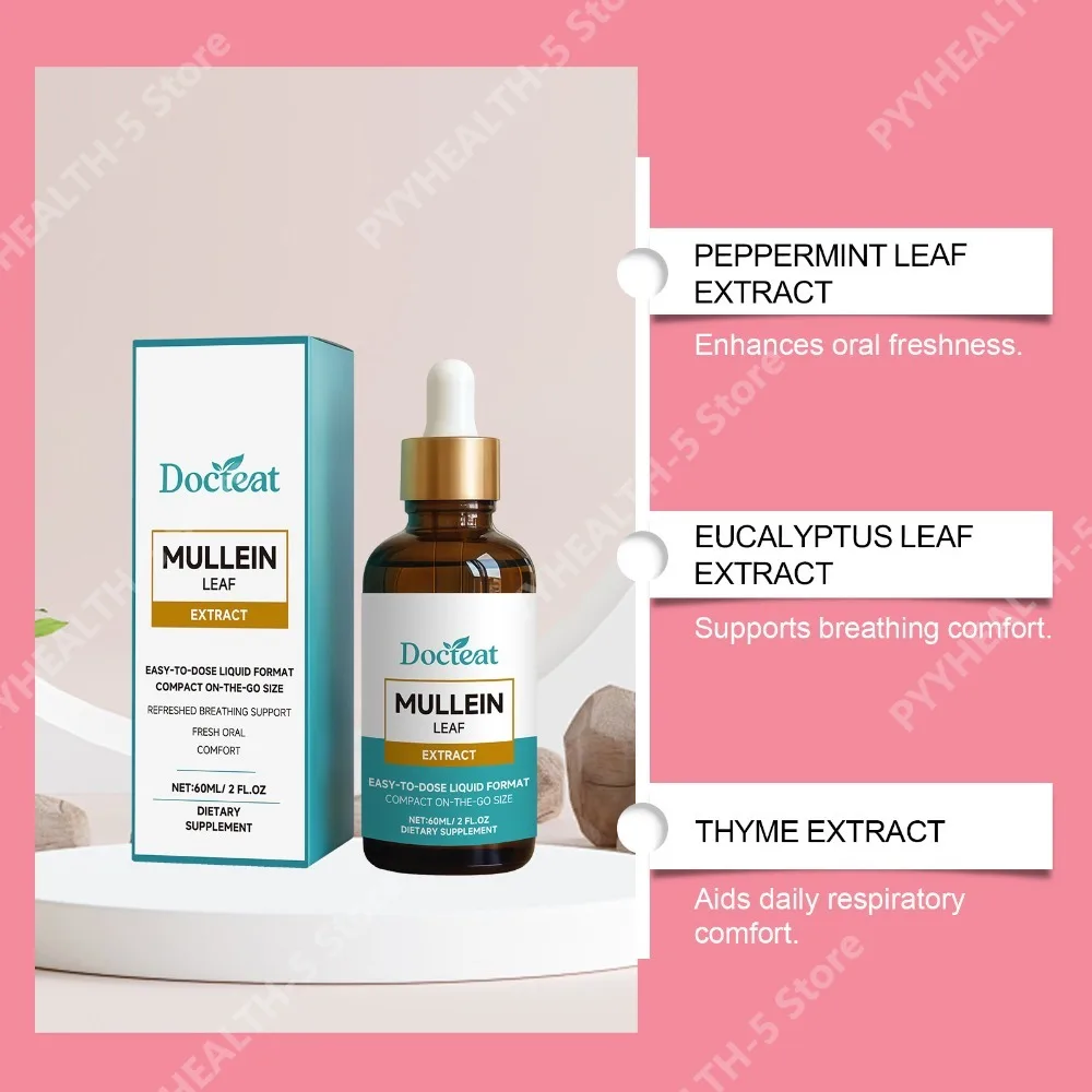Docteat Mullein Leaf Extract Liquid Drops with Eucalyptus and Ginger, Net 60 Ml, Easy-to-dose, Fresh Oral, Breathing Support