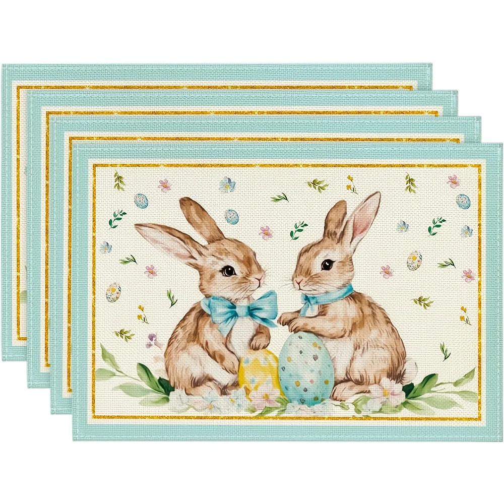 

4pcs Bunny Rabbit Egg Floral Easter Placemats Set of 4, 12x18 Inch Spring Table Mats for Outdoor Home Party Kitchen Dining Decor