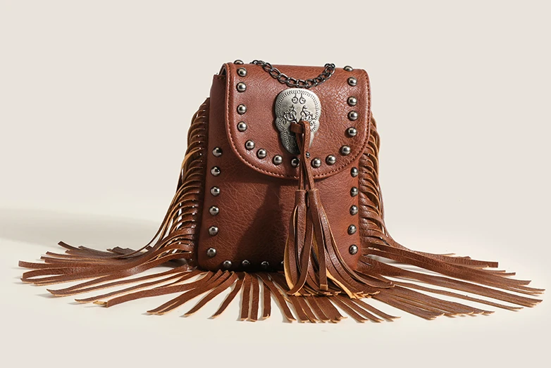 Boho Brown Rivet Fringe Small Bag for Women Handbags Hippie Gypsy Bohemian Tassel Bags Vintage Casual Chain Crossbody Belt Bags