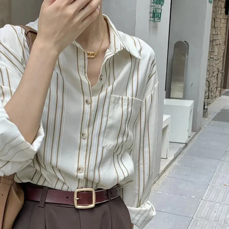 Hong Kong Style Folded To Wear Shirt Women Loose Casual Striped Shirts Woman 2025 Spring Summer New All Match Blouses Mujer