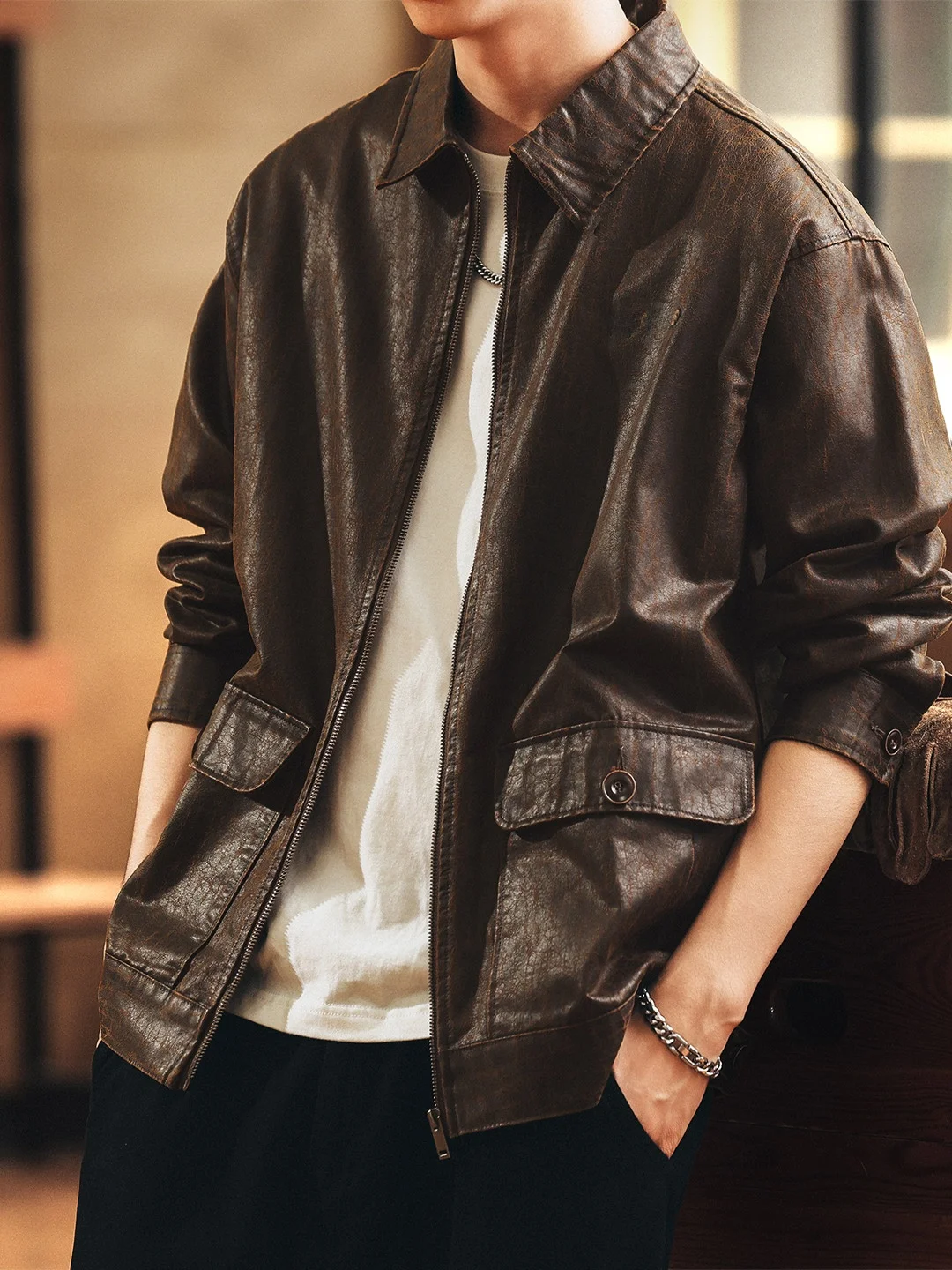 

anello Men's PU Leather Jaet Retro Outdoor Workwear Motorcycle Faion Autumn New Sle Casual Loose Fit Long Sve