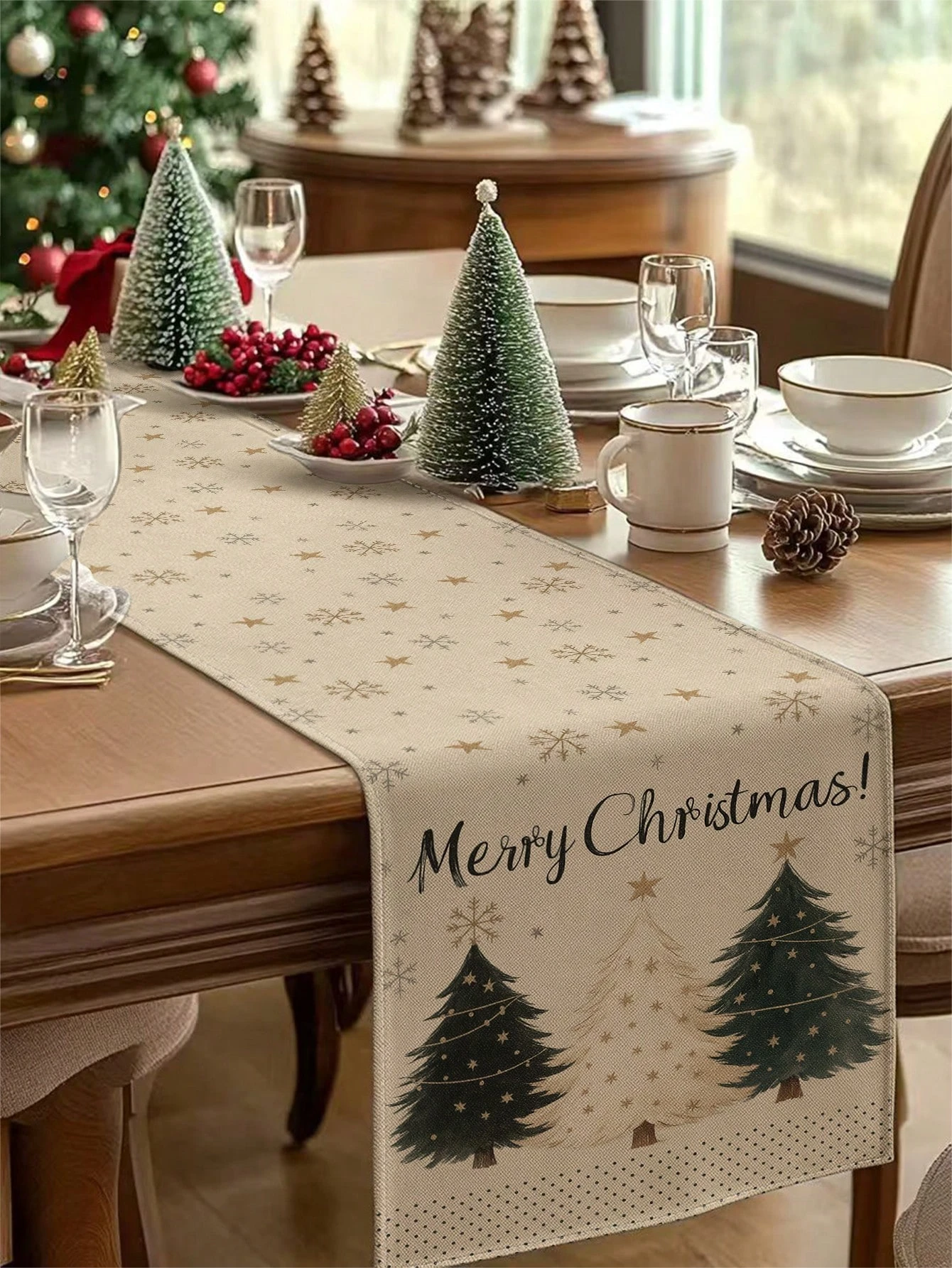 Merry Christmas Tree Snowflake Beige Table Runner Elegant Holiday Dining Table Decor For Christmas Parties Warm Premium Choice