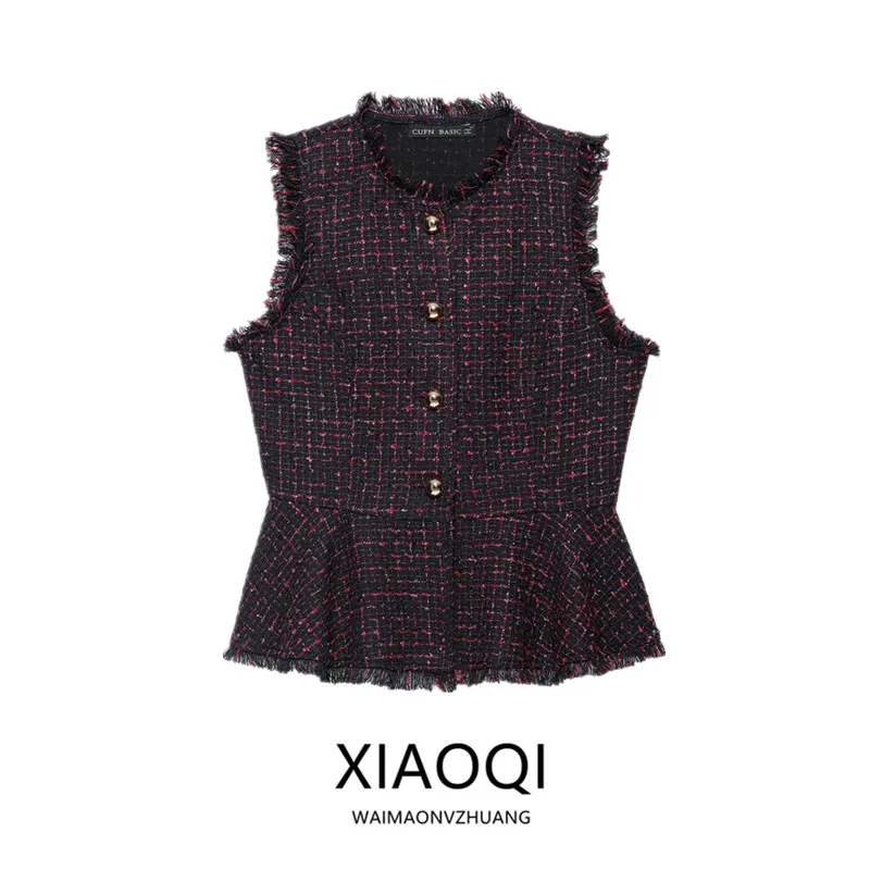 2026 Autumn New Women's Sleeveless round Neck Metal Color Thread Texture Frayed Vest Fashion Ladies' Jacket Outerwear