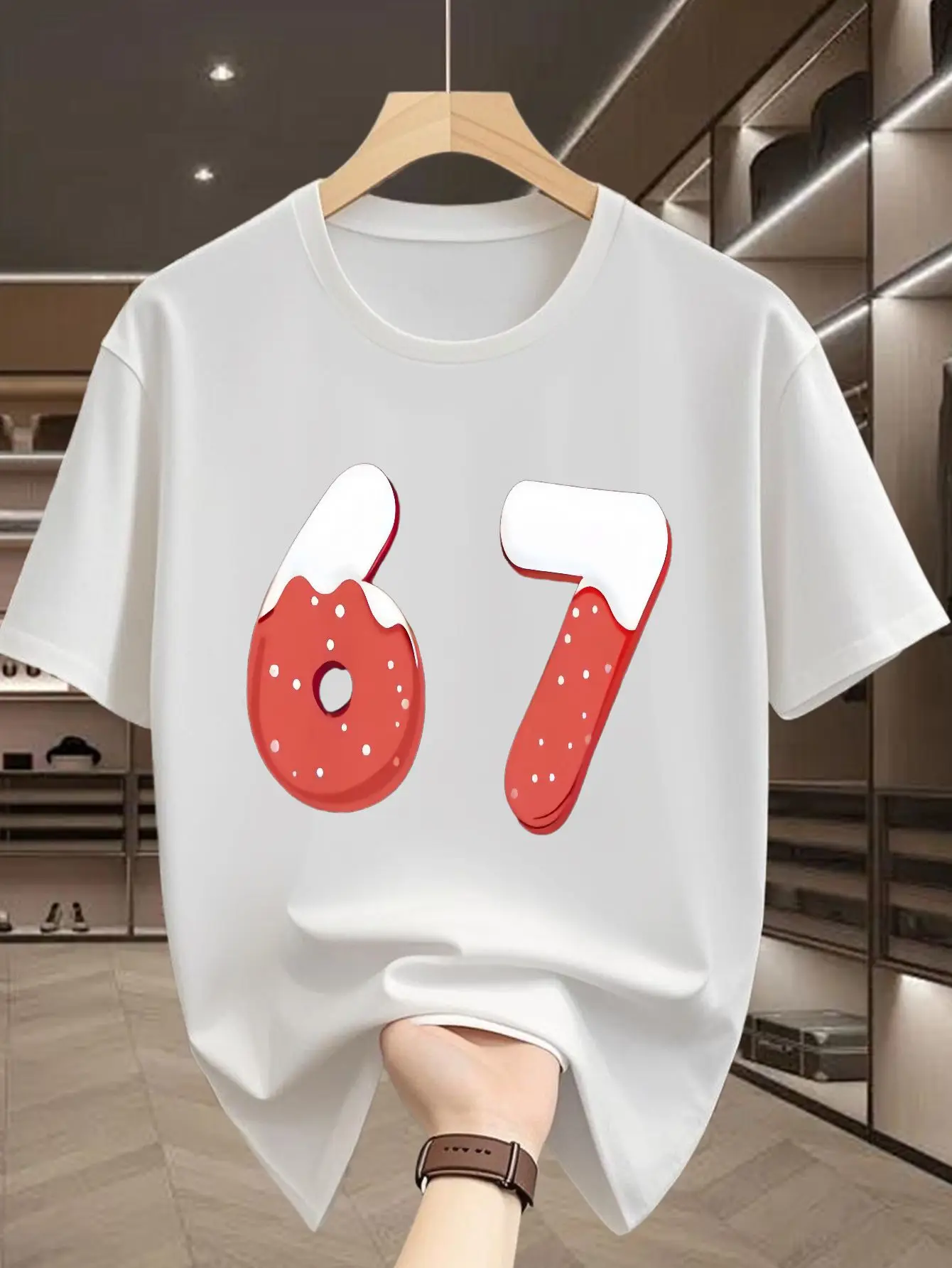 Cute Strawberry Frosting Number 67 Donut Print Mens Short Sleeve Tshirt Crew Neck Sweet Theme Casual Daily Comfort Wear