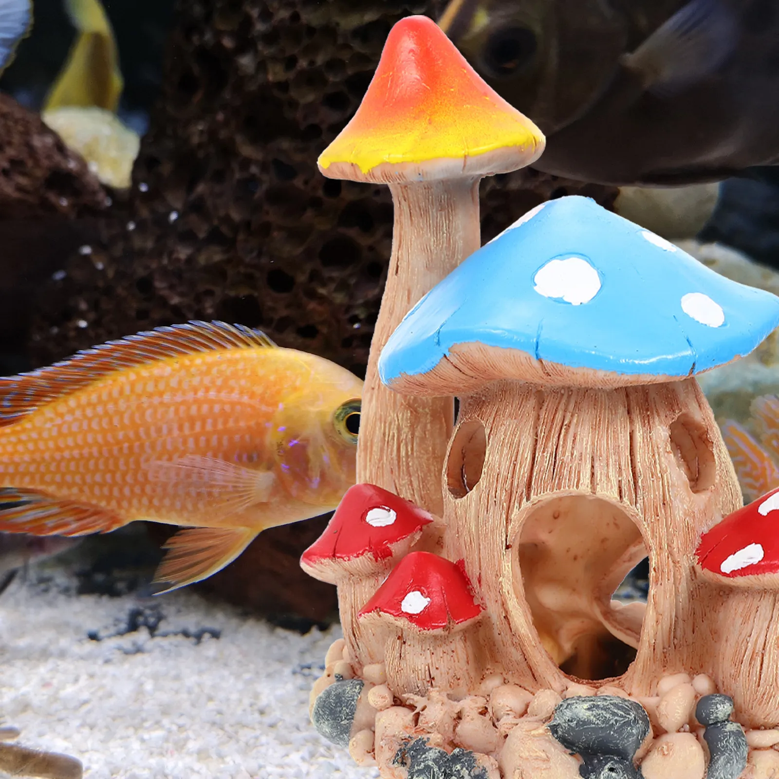 

Декорация для аквариума в виде гриба: укрытие для рыбок, место для разведения креветок, пещера-убежище для рыб, аквариумная пещера из смолы
