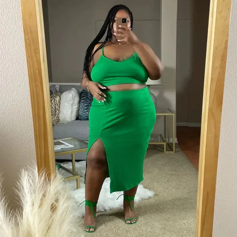 KEXU Sexy Plus Size Fashion Women's Set Strap Tank Top and Side Split Bodycon Midi Skirt  Summer Two 2 Piece Set Outfits