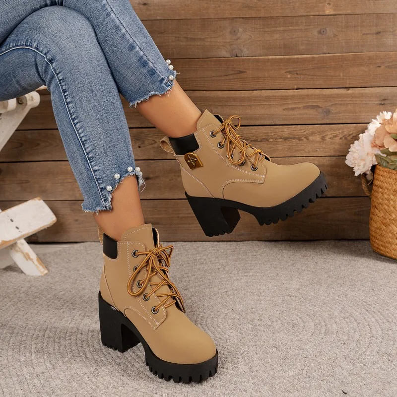 Women Big Yellow Boots 2024 New Spring Winter Pumps High Quality Lace-up European Ladies Shoes PU High Heels Fast Delivery Work