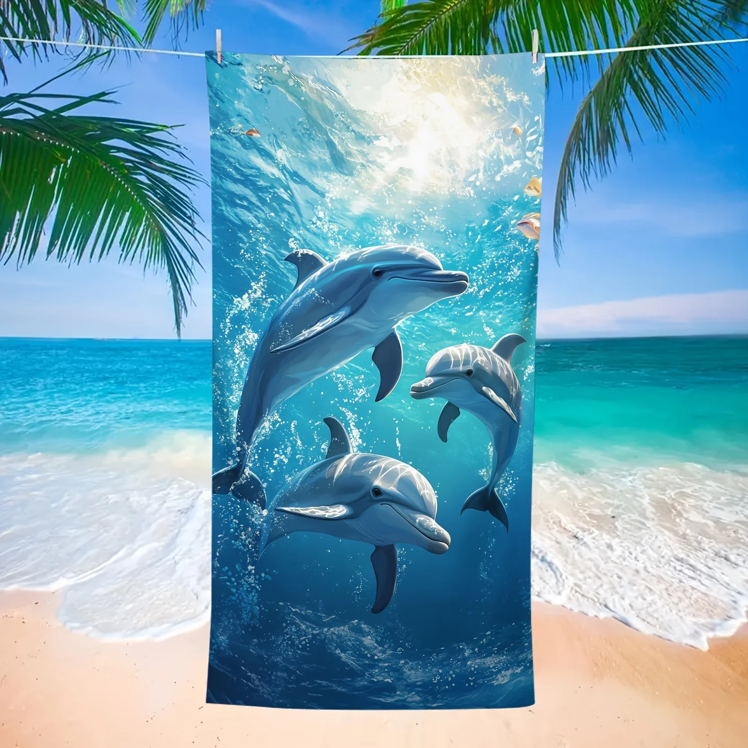 Underwater dolphin theme beach towel, sun protection and windproof, suitable for pool camping travel blanket