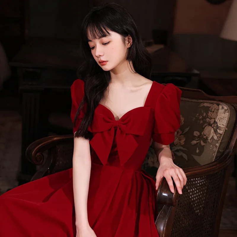 

Women's Elegant Square Neck Evening Prom Party Gown Burgundy Long A-line Dress Toast Clothing