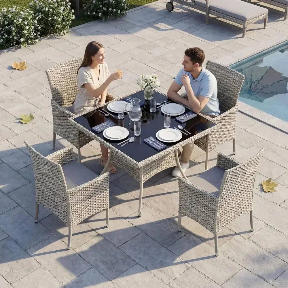 5-Piece Outdoor Dining Set with Square Glass Table and Wicker Chairs, Expandable for Larger Gatherings, Suitable for Backyard, D