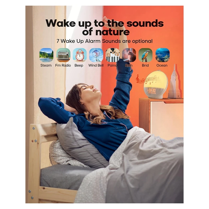 Sunrise Alarm Clock Wake Up Light Dual Alarm Clock FM Radio 7 Color Bedroom Night Light