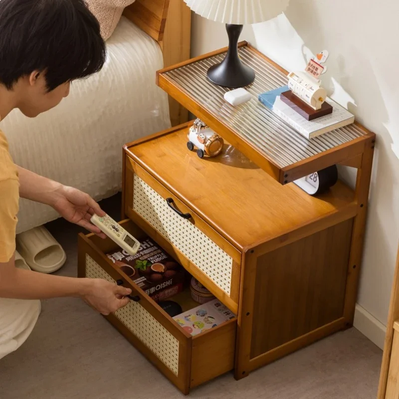 All solid wood retro bedside table simple modern shelf small household bedroom new Chinese style bedside table with glass