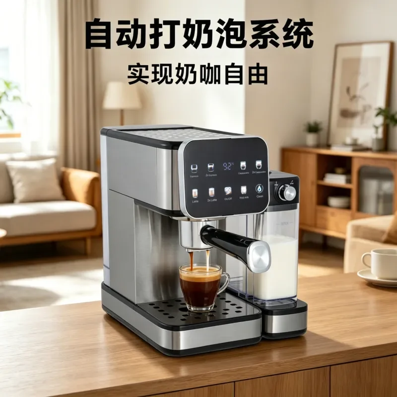 Touch Screen Coffee Machine Household Stainless Steel Body with Steam Milk Foam One Click American Espresso Maker for Home