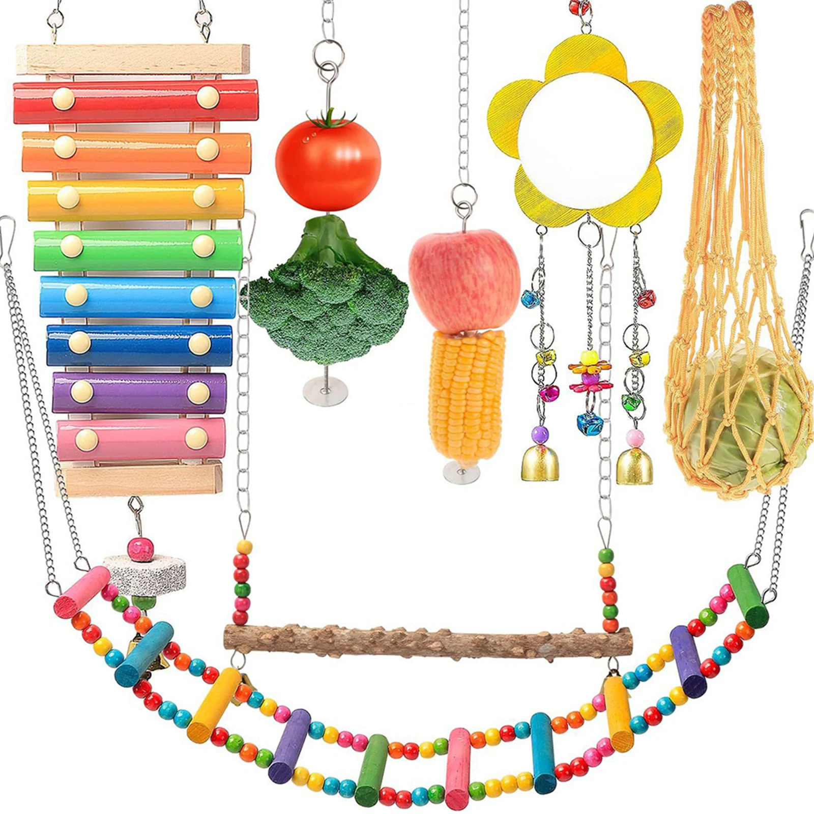 

7 шт. набор игрушек для курицы с деревянной подвесной кормушкой, подвесной колокольчик, игрушки для попугая, попугая, Conure Cockatiel Mynah