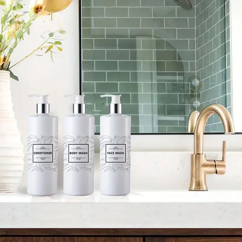 3 Pack White Shampoo Dispenser Kitchen Soap Pump Bottle Refillable Bathroom Gel Liquid Cosmetic Empty Container with 20 Labels