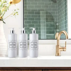 3 Pack White Shampoo Dispenser Kitchen Soap Pump Bottle Refillable Bathroom Gel Liquid Cosmetic Empty Container with 20 Labels