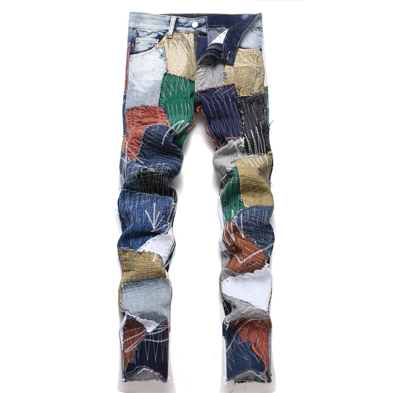 New Men's Fashion Patchwork Jeans Mid-Waist Casual Straight Leg Beggar Pants Streetwear