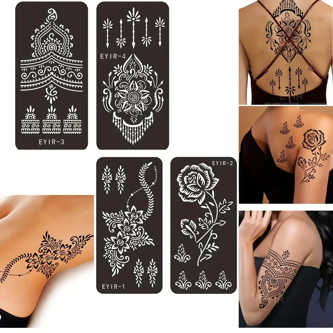 Henna-Tattoo-Schablonen-Set Selbstklebende Handvorlagen Wiederverwendbare Temporäre Tattoo-Körperkunst DIY-Design-Kit für Hochzeit und Party – Detail 9