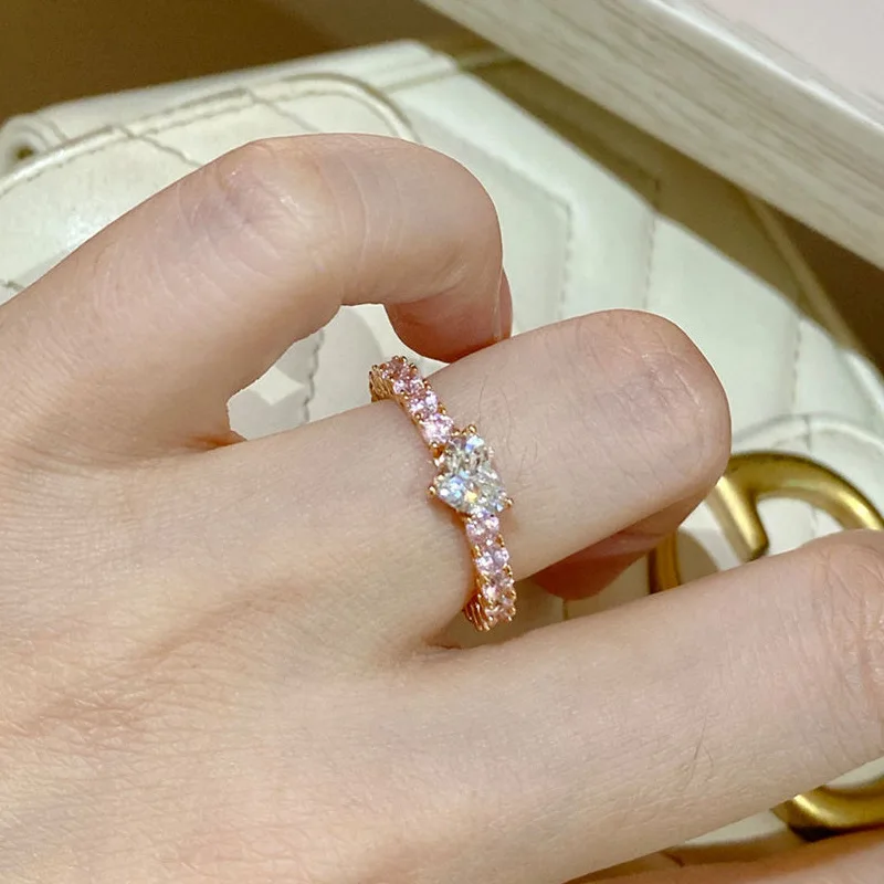 Sweet Love Diamond Ring Women's S925 Silver Gold Plated Powder White Diamond Fashion Commuting Simple Elegant Versatile Sterling