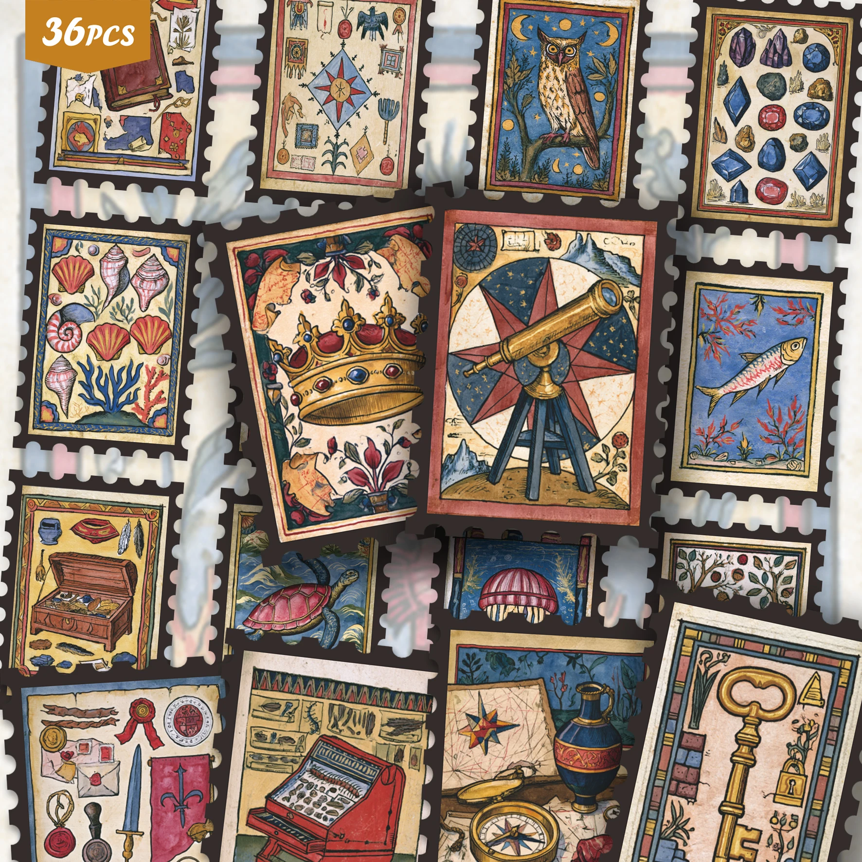 36PCS Antique Curiosity Stickers for laptops, Old Map & Gem Patterns, Ideal for Journaling & Handmade Card Making