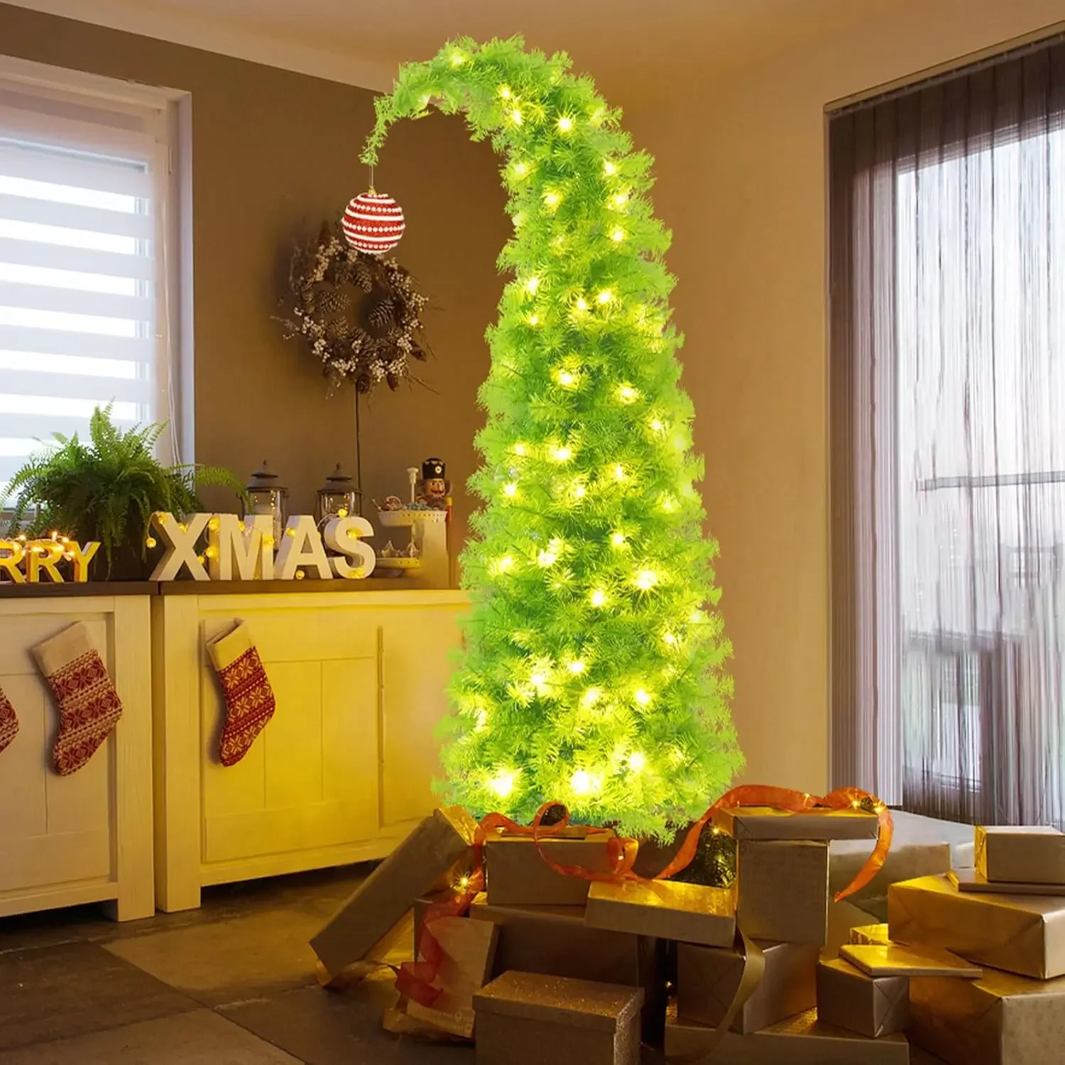 Christmas Tree 6ft, Pencil  Tree Skinny Artificial  Tree Stand Whimsical  Tree, Lime Green