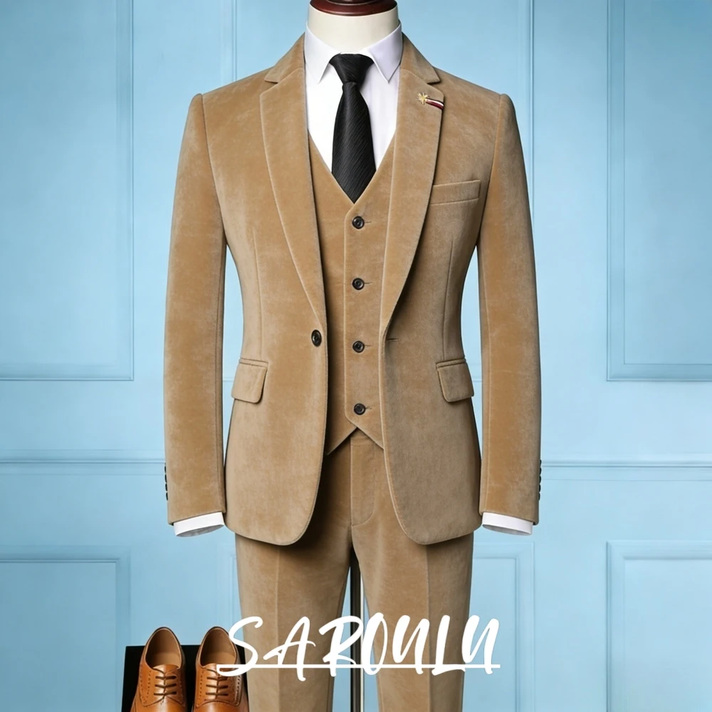 

High-end Velevt Men's Suit Three Pieces Elegant Notched Lapel Tuxedo Customized Autumn Winer Banquet Formal Meeting Groom Wear