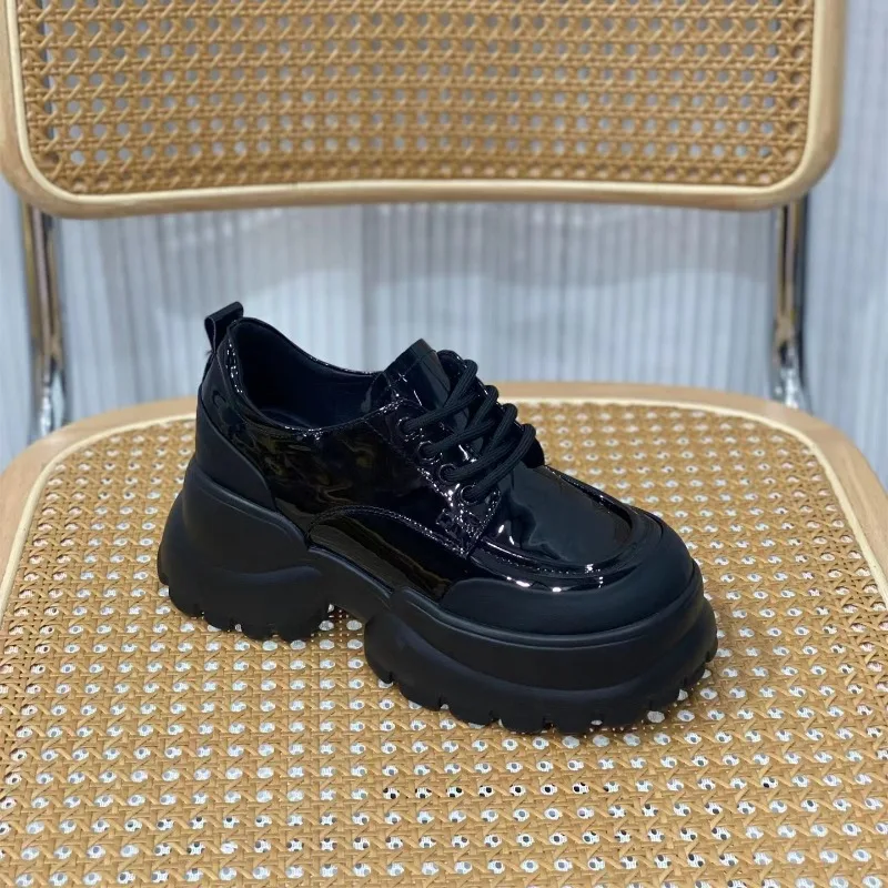 2024 Summer Fashion Thick Soled Oxford Shoes Women's Slip-on Lace Up Loafers Shoes Women Casual Versatile Black Leather Shoes