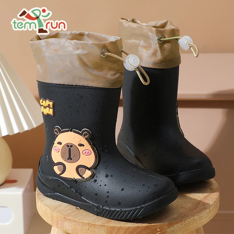 Cartoon Capybara Pattern Children's Rain Boots For Boys And Girls Rubber Anti-Slip Elastic Band Student Waterproof Rain Boots