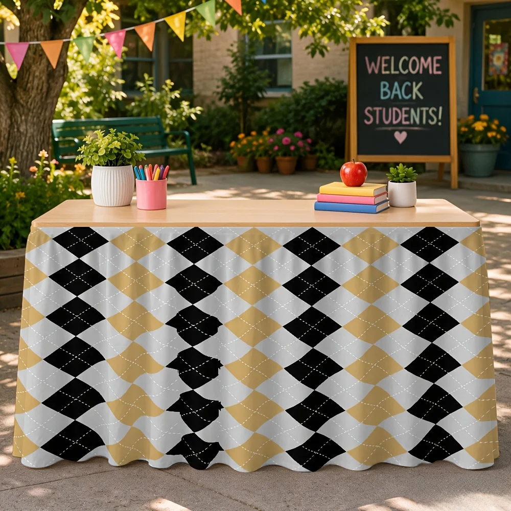 One Halloween-themed black and gold checkered tablecloth table skirt