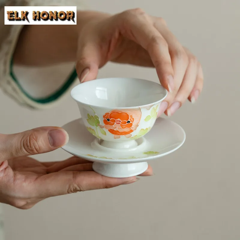50ml Boutique Pile Carving Longevity Fish Tea Cup  Pure Hand-painted Master Cup With Coaster Tea Bowl With Saucer Kit Drinkware