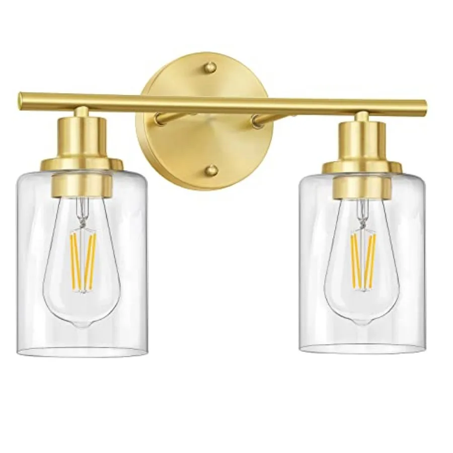 

Bathroom Light Fixtures, 2-Light Brushed Brass Vanity Light, Wall Sconces Lighting, Modern Bath Wall Mounted Lighting with Glas