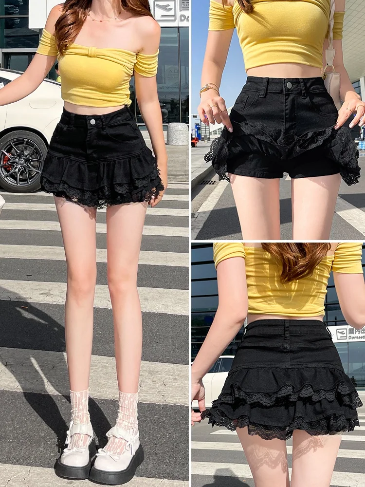 

Bla Lace Denim Skirt Women's High Waist Floral Trim Cake Sle Summer New Faion Sexy Girl Anti-Light A-Line Skirt