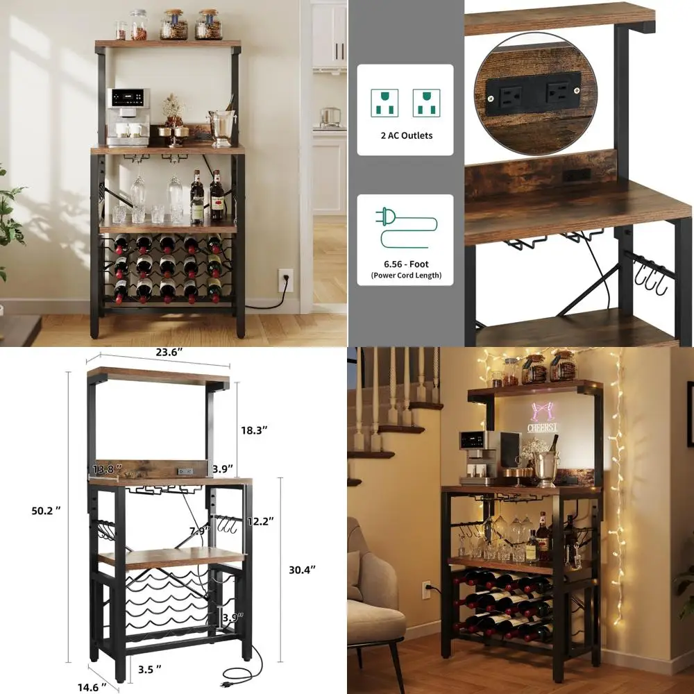

Freestanding Kitchen Microwave Stand with Wine Rack - Small Storage Shelves for Liquor Bottles and Glassware